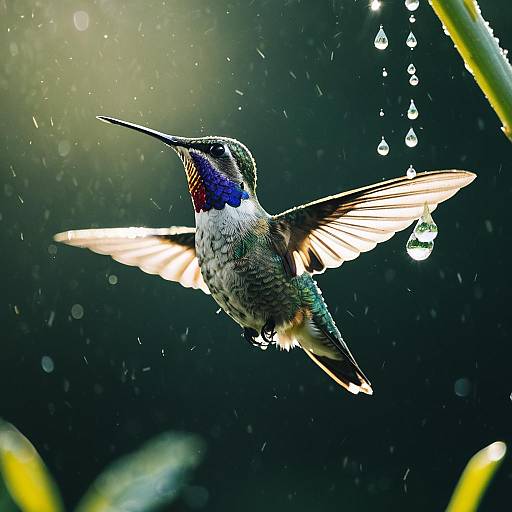 Hummingbird in Flight with Dewdrops