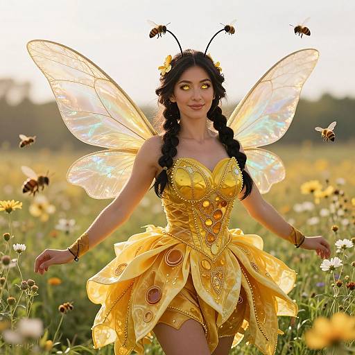 Woman in Detailed Bee Costume with Glowing Eyes