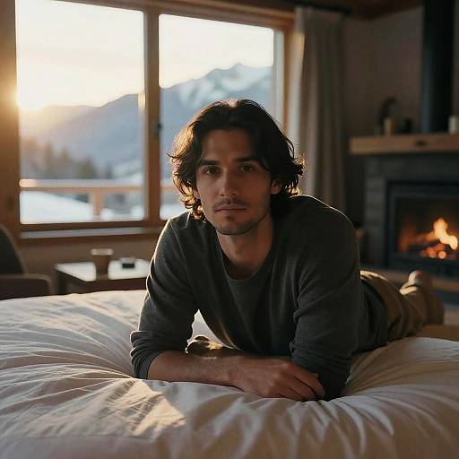 Photograph of a man with medium-length, dark wavy hair, wearing a gray long-sleeve shirt, lying on a bed in a cozy