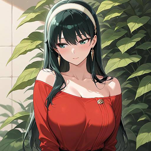 Yor Briar Off-Shoulder Red Shirt Portrait