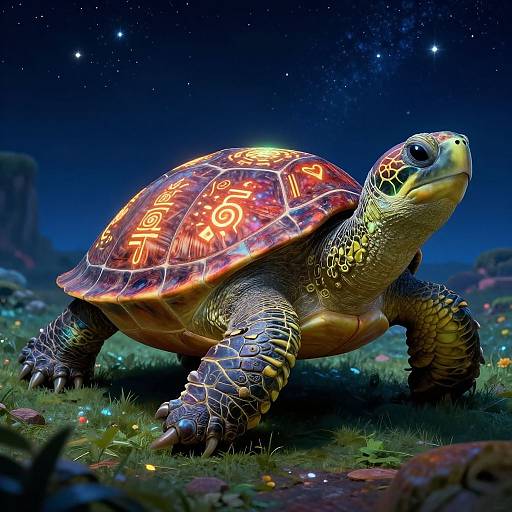 Digital artwork of a glowing, patterned turtle illuminated by neon orange symbols, standing on grass under a starry night sky.