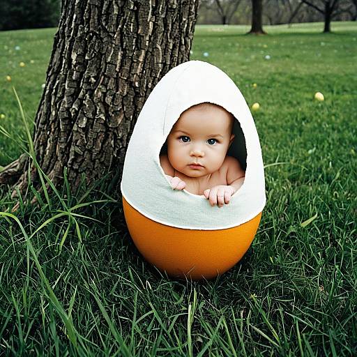 Realistic Infant in Egg Costume Outdoors