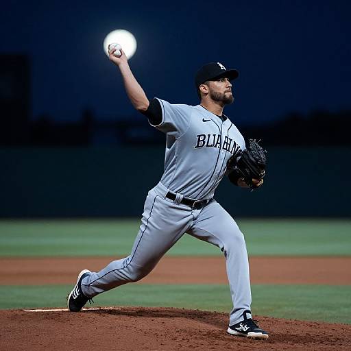 Photograph of a male baseball pitcher in a black and white Baltimore Orioles uniform, mid-throw, on a night-time baseball field.