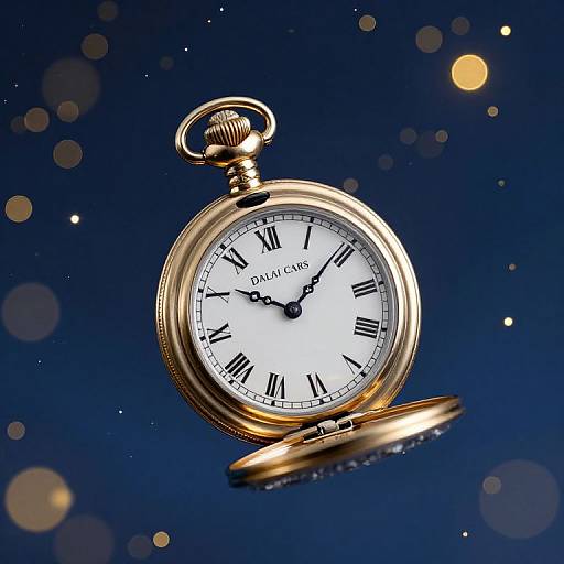 Photograph of a gold Dalían pocket watch with black Roman numerals, open lid, against a dark blue bokeh background.