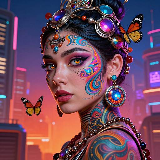 Digital artwork of a tattooed woman with vibrant face paint, neon butterfly accessories, and colorful jewelry in a neon cityscape sunset.