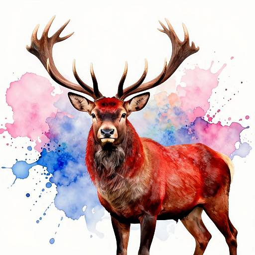 Digital illustration of a majestic red stag with large antlers, standing against a vibrant watercolor background of pink and blue splashes.