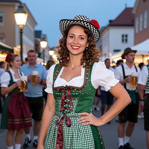 Photograph of a smiling, curly-haired woman in traditional Bavarian dirndl, green and white checkered dress, black-check hat with red flower,