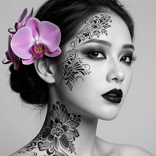 Monochrome photograph of an Asian woman with black tattooed floral designs on face and neck, black lipstick, pink orchid in hair.