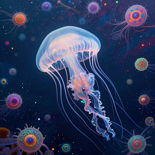 Photograph of a glowing blue jellyfish with translucent tentacles, surrounded by colorful, spherical, bioluminescent organisms in a deep blue ocean.