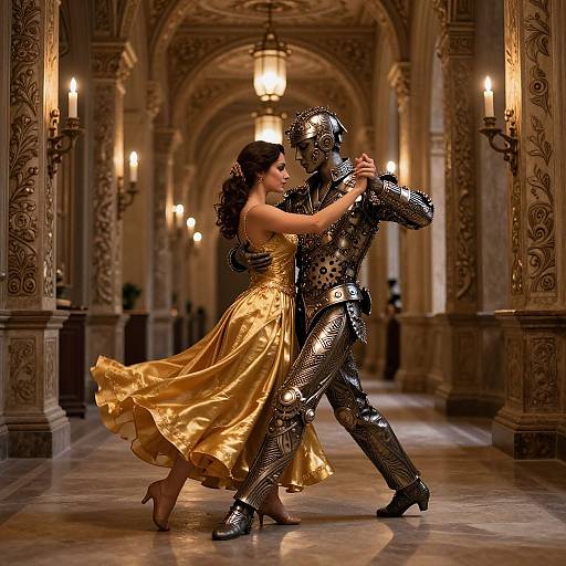 Photograph of a ballroom dance, man in silver armor, woman in flowing gold dress, elegant arches, lit candles, rich textures.