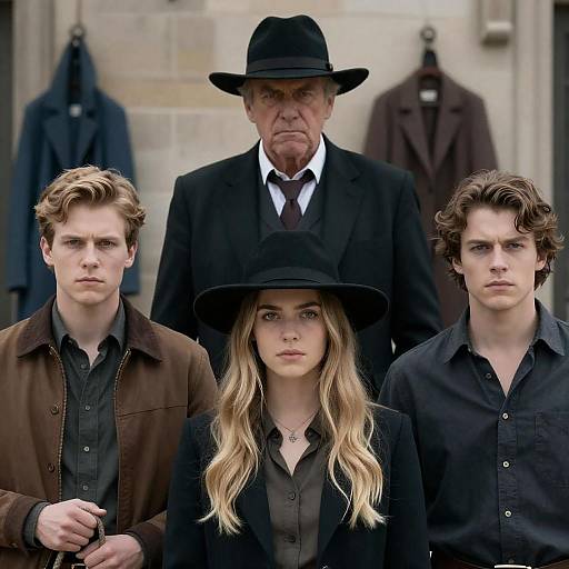 Intense Western Characters Before Stone Building