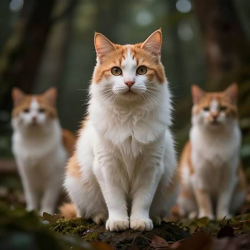 Photograph of three orange-and-white long-haired cats standing in a forest, with one in sharp focus and two blurred in the background, on a leaf