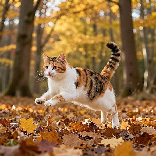 Photograph of a lively, orange, black, and white tabby cat mid-leap on an autumn forest floor, surrounded by yellow and brown fallen