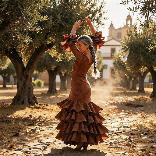 Photograph of a woman with braided hair, wearing a brown, ruffled, long-sleeve dress, dancing in an olive tree grove