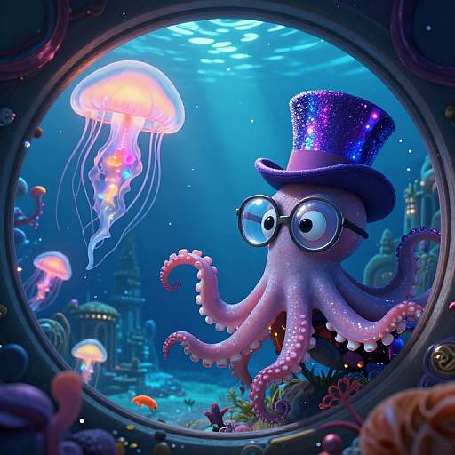 Whimsical digital illustration of a pink octopus with large glasses and a glittery top hat, surrounded by glowing jellyfish in an underwater scene,
