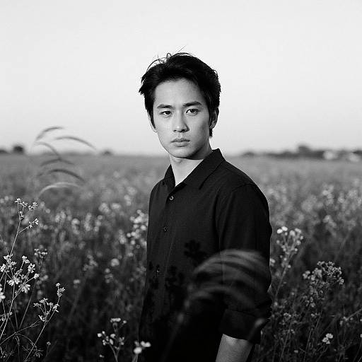 Black-and-white photograph of an Asian man with short, tousled hair, wearing a dark button-up shirt, standing in a wildflower field, looking