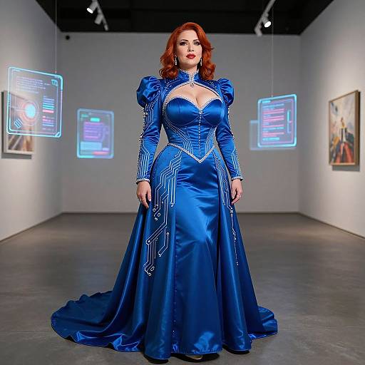 Photograph of a fair-skinned, red-haired woman in a blue, satin, Victorian-style gown with puffed sleeves, standing in a modern art