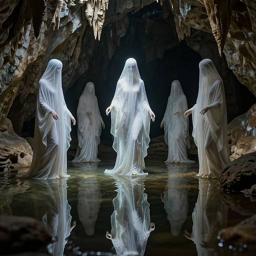 Photograph of five glowing white ghost figures in a dark, rocky cave, standing in a reflective pool, with eerie, illuminated reflections.