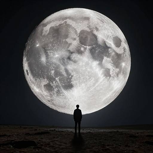 Silhouetted person stands in front of enormous, glowing full moon, dark night sky, detailed moon texture, stark contrast, surreal.