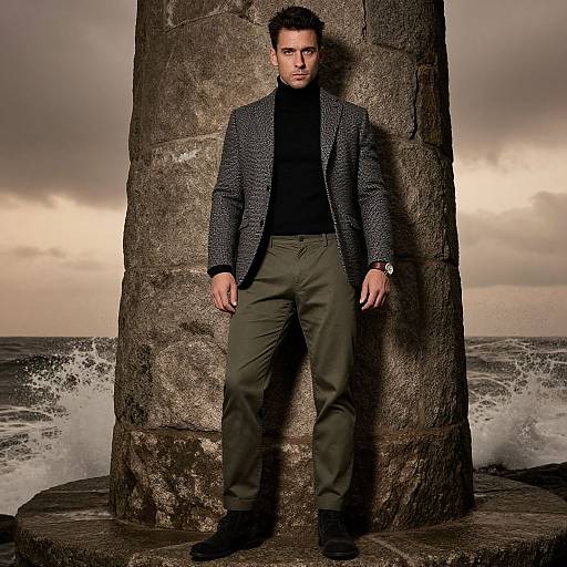 Photograph of a handsome man with dark hair, wearing a black turtleneck, gray checkered blazer, and olive pants, standing against a
