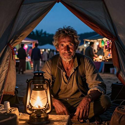Photograph of an elderly man with gray beard, wearing a worn shirt, sitting inside a tent at dusk, illuminated by a lantern, with a bustling