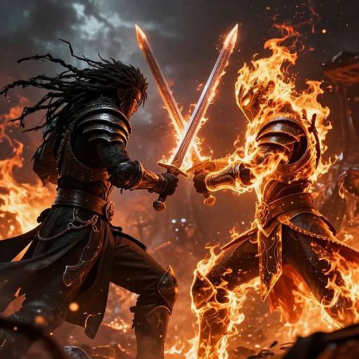 Surreal Battle of Fiery and Shadowed Warriors