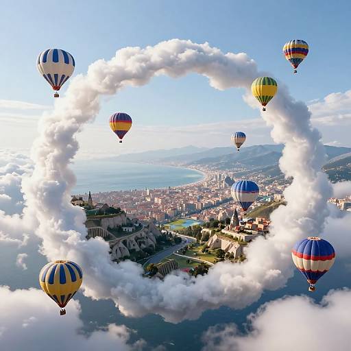 Photograph of colorful hot air balloons forming a circular cloud frame over a coastal cityscape with mountains and ocean in the background.