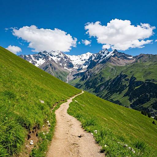 Photograph of a winding dirt path through lush green grass, leading to snow-capped mountain peaks under a vibrant blue sky with fluffy white clouds.