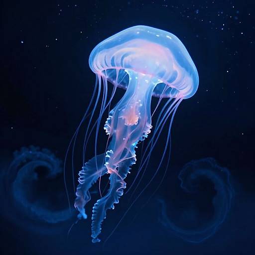 Glowing blue jellyfish with translucent tentacles floating in a dark, starry ocean, captured in a vivid digital illustration.