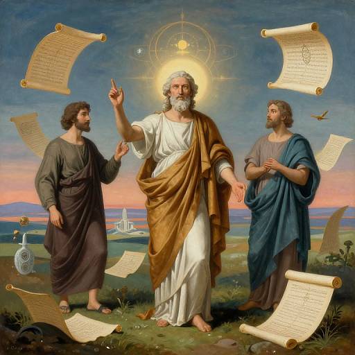 Classical painting of three bearded men in robes; central figure with halo, gesturing, surrounded by floating scrolls, against a sunset sky.