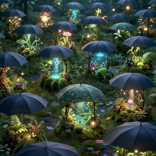 Photograph of a magical, illuminated garden at night, filled with blue umbrellas, glowing lights, and colorful, vibrant plants.