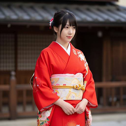Woman in Red Kimono Pose