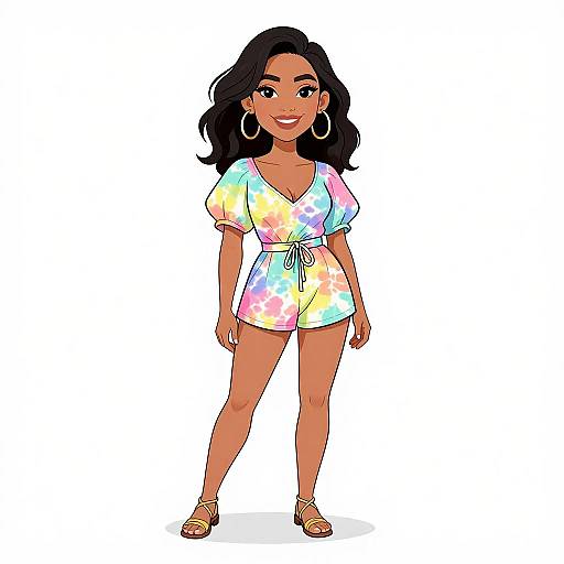 Digital illustration of a smiling woman with dark hair, wearing a colorful, tie-dye romper, hoop earrings, and strappy sandals, standing against