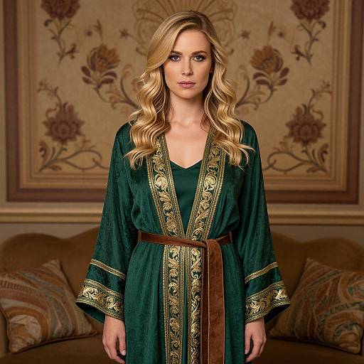 Blonde Woman in Ornate Green Robe