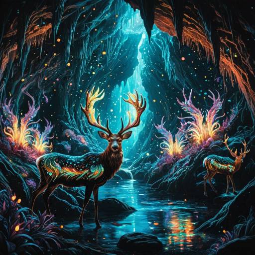 Bioluminescent Deer in Mystical Cave