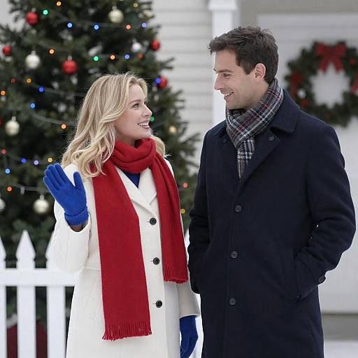 Festive Couple Smiling in Winter Wonderland