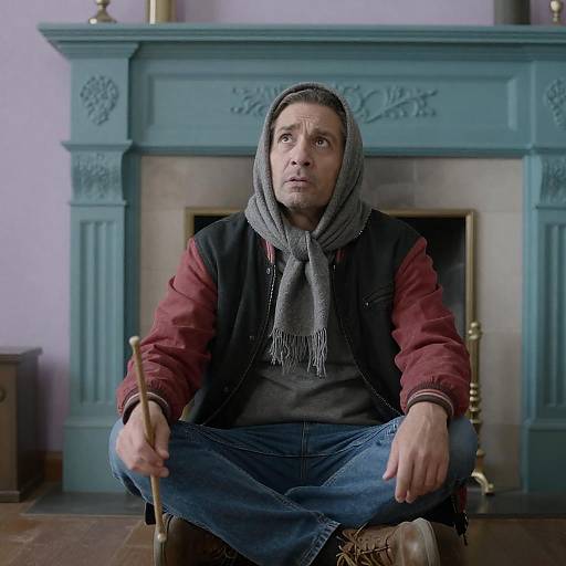 Confused Man by Vintage Fireplace Scene