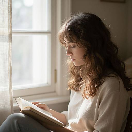 Photograph of a young woman with wavy brown hair, wearing a white sweater, reading a book in soft sunlight by a window.