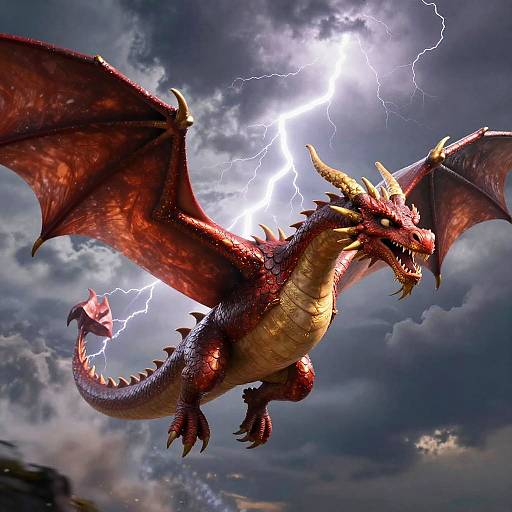 Photorealistic CGI of a red dragon with large wings, sharp horns, and glowing yellow eyes, flying against a stormy sky with bright lightning.