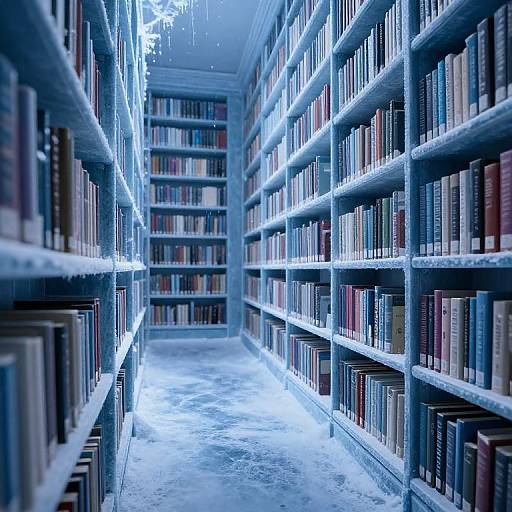 Photograph of a futuristic library with glowing blue light, icy floor, and tall shelves filled with colorful books stretching into the distance.