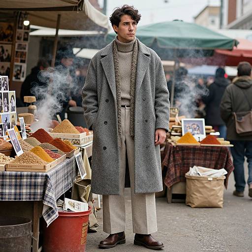 Photograph of a young man with curly dark hair, wearing a gray wool coat over a gray turtleneck, standing at a bustling outdoor market with