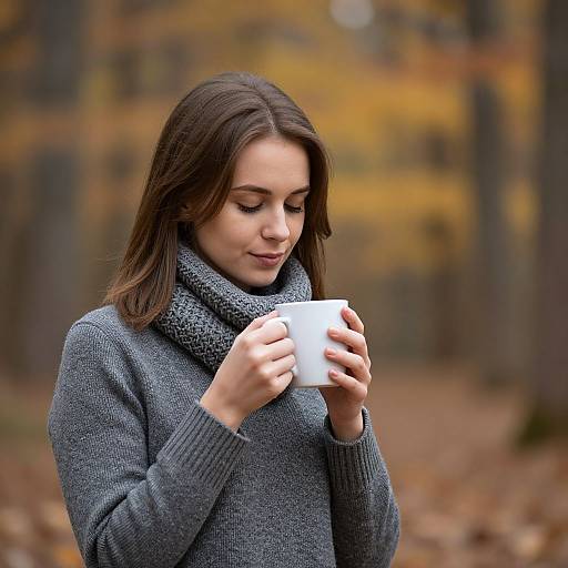 Photograph of a young woman with fair skin and brown hair, wearing a gray knitted sweater and scarf, holding a white mug, standing in a