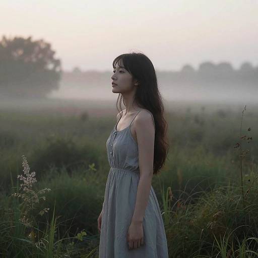 Photograph of an Asian woman with long dark hair in a light blue sundress, standing in a misty, grassy field at sunset, looking