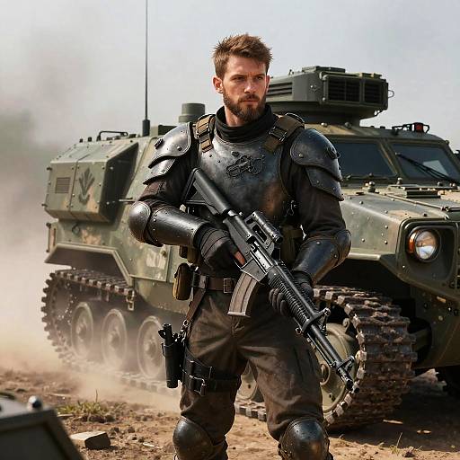 Realistic Armored Soldier with Vehicle