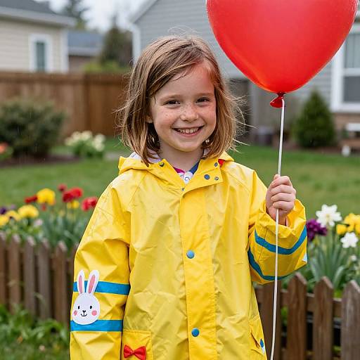 Photograph of a smiling young girl with brown hair, wearing a yellow raincoat with blue stripes, holding a red balloon, standing in a colorful garden