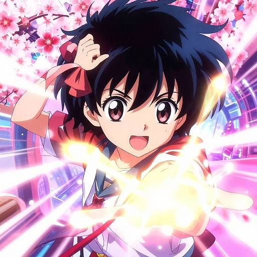 Anime-style digital illustration of a cheerful, black-haired girl with big brown eyes, wearing a sailor school uniform, surrounded by bright, colorful lights and cherry