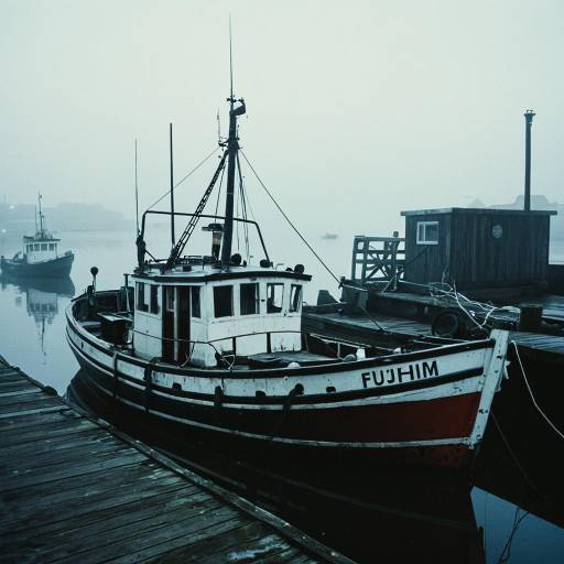 Old Fishing Boat Docked in Foggy Harbor