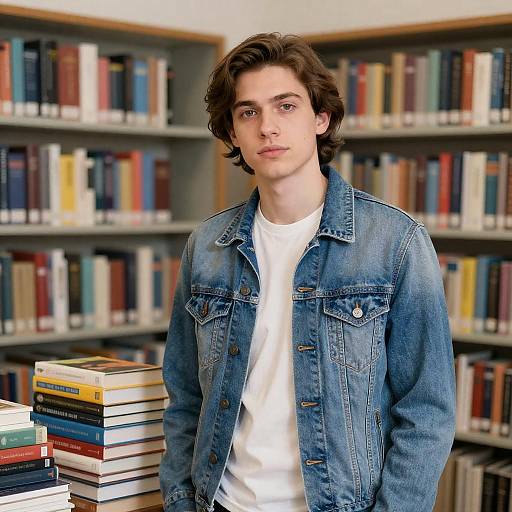 Denim Jacket Portrait in Cluttered Library