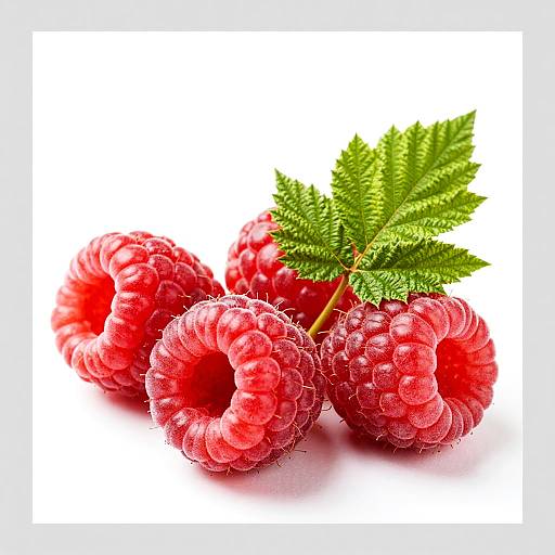 Bright Raspberries with Green Leaves