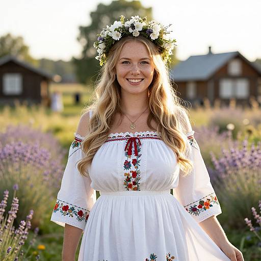 Photograph of a smiling blonde woman with wavy hair, wearing a white off-shoulder floral dress, flower crown, standing in a lavender field